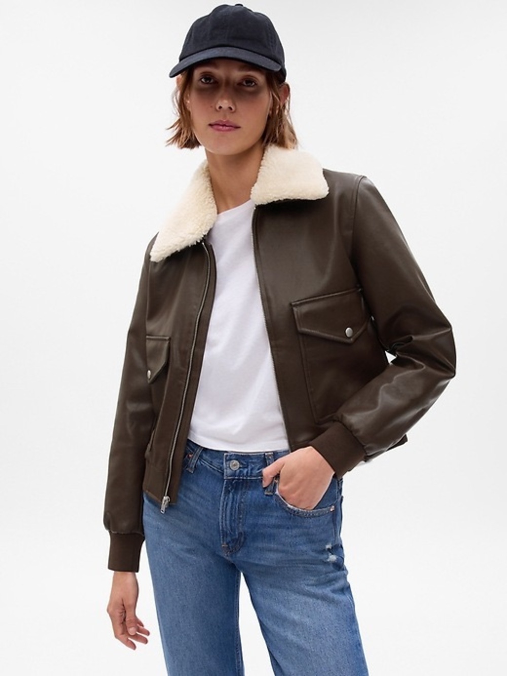 GAP Brown Bomber Jacket with Cream Shearling Collar